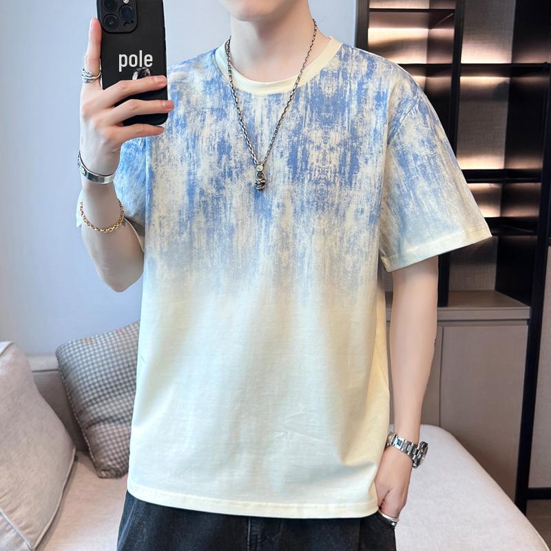 Men's 2024 Summer Trendy Round Neck Pure Cotton Short-Sleeve T-Shirt with Print