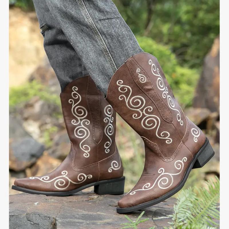 Hand Embroidered Western Cowboy Boots Men's Boots Western Cowboy Boots  Embroidered Sleeve Boots Retro Square Boots