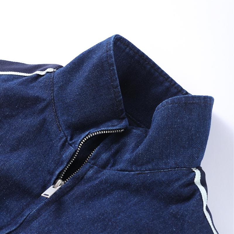 Patchwork Gestreifte Jacke Weitbeinige Hose Set Damen Stehkragen Reißverschluss Locker Jeansjacke Kordelzug Hose Zweiteiliges Set Schlichtes Lässiges Hosen-Set