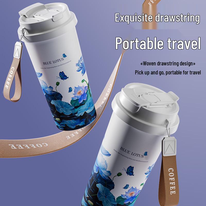 Blue Lotus Cute Hand-Painted Insulated Straw Cup - 316 Stainless Steel, Perfect for Girls and Students