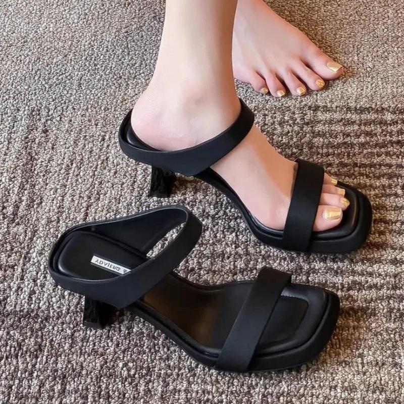 Leopard Women High Heels Slippers Sexy Shoes Square Toe Chunky Sandals 2025 New Summer Woman Party Pumps Dress Sandalias Mujer