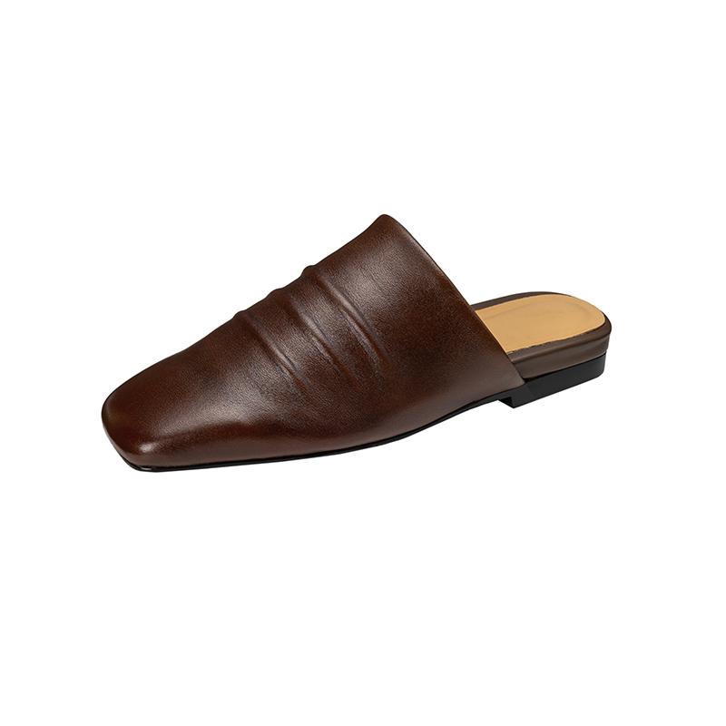 Fashion 2025 New Sandals Women's Genuine Leather Square Toe Slip-on Flats Summer Slippers Soft Comfortable Casual Female Outdoor Mules