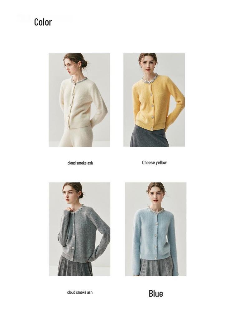 Women's Cashmere Cardigan - Round Neck, Rhinestone Trim, Stylish & Elegant, Perfect for Autumn/Winter.