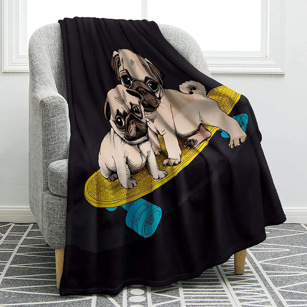 Cute Pet Pug Dog Print Blanket Soft Colorful Flannel Throw Blanket for Sofa Chair Bed Office Travelling Camping Lightweight