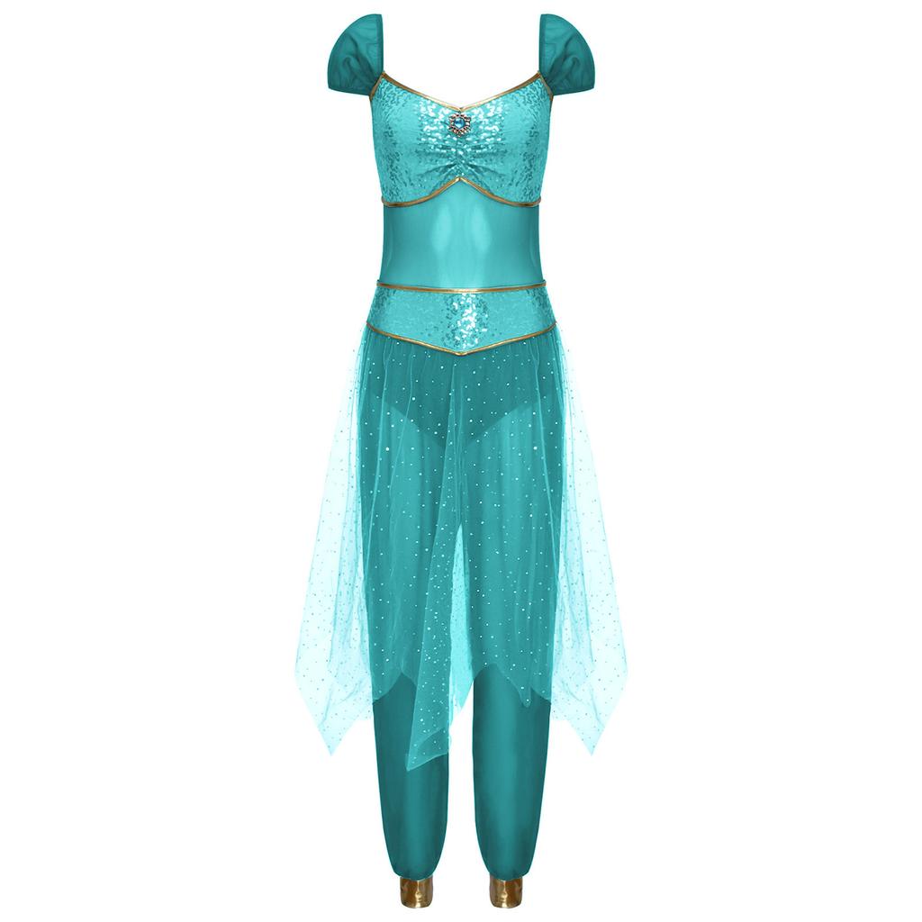 Womens Arab Princess Costume Contrast Color Gem Decor Sequined Tulle Overlay Sleeveless Jumpsuit Belly Dance Romper