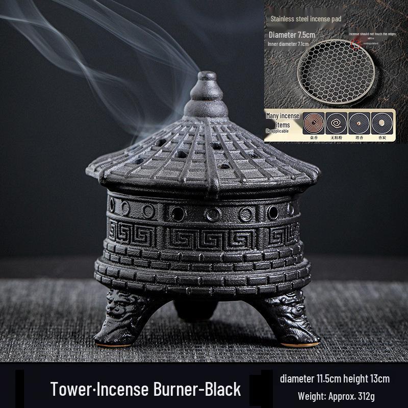 Zen Pagoda Black Ceramic Incense Burner - Aromatherapy Holder for Home and Office Decor