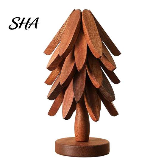 Natural Pine Wood Hot Pad Collapsible Wooden Trivets for Dishes, Christmas Tree Shaped Pot Mat Table, Heat Compact Storage Trivet Set Resistant Holder