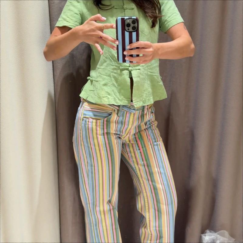 Y2K Low-Rise Straight Leg Denim Jeans Women Colorful Striped Design Casual Trendy Pant