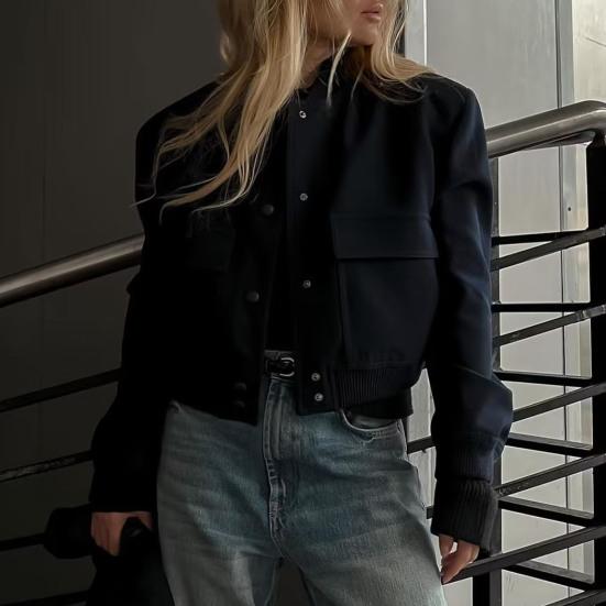 Fall Jackets for Women Oversized Lightweight Cropped Jacket Casual Button Down Stand Collar Short Coat with Pockets