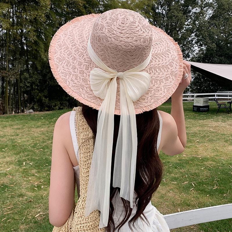 Summer Bow Sun Hat Female, Seaside Beach Vacation Sun Hat Outdoor Big Brim Sun Hat Sweet Straw Hat