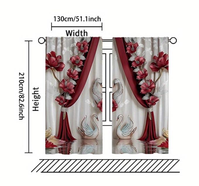 2PCS Digital Printed Curtains with Rose Swan Design, Stylish Window Drapes for Living Room Bedroom Home Decoration and Kitchen
