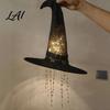 Halloween Witch Hat Hanging Lights 2 Pcs Light Up Black Mesh Chime Glowing Battery Operated Lamp with Cascading Stars for Window Patio Porch