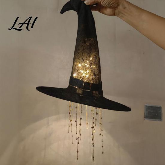 Halloween Witch Hat Hanging Lights 2 Pcs Light Up Black Mesh Chime Glowing Battery Operated Lamp with Cascading Stars for Window Patio Porch