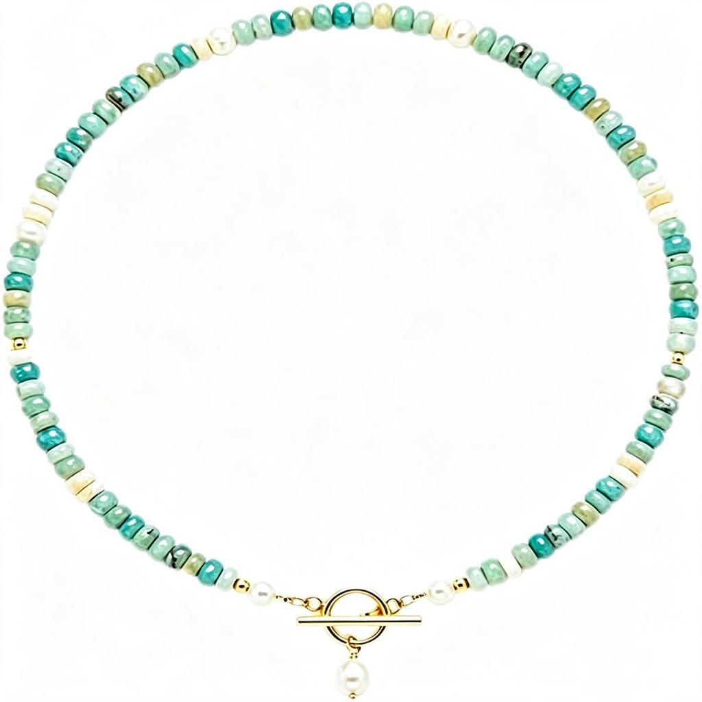 Handmade Color-Block Blue-Green Turquoise Beaded Necklace: French-Inspired High-End Clavicle Chain