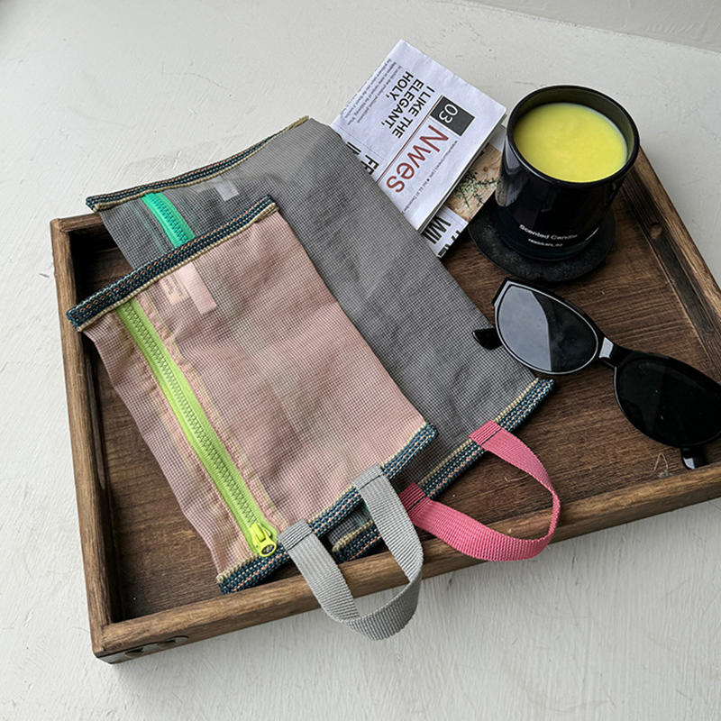 Translucent Mesh Storage Bag Portable Zipper Handbag Functional Cosmetic Pouch Pencil Case Documents Paper Organizer