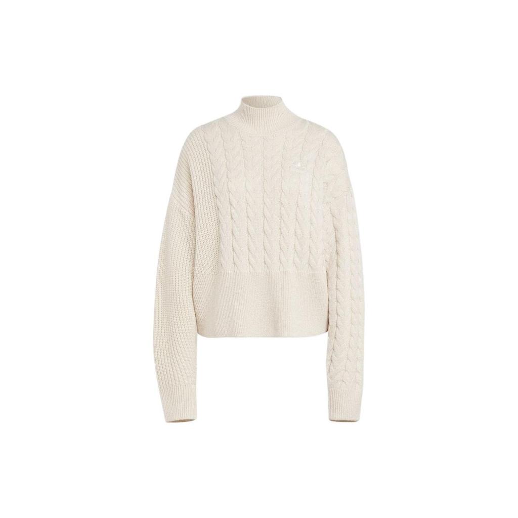 adidas Originals Trefoil Solid Logo Cable Knit Turtleneck Sweater Long Sleeve Women Tops Off-White IC5221