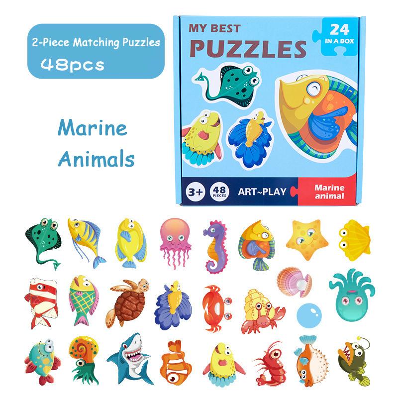 2-Piece Matching Puzzle Board With Cartoon Animal & Vehicle Designs - Educational Preschool Toy For Toddlers