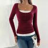Women's Fashionable Round Neck Patchwork Lace Button Slim Fit Long Sleeved Pullover Top