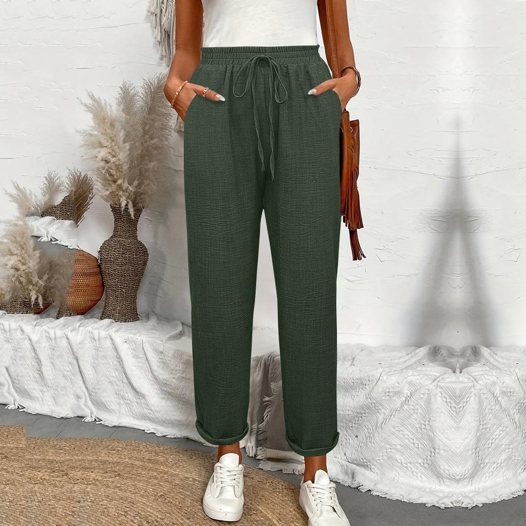 Drawstring Waist Slant Pockets Pants Casual Loose Tapered Pants For Spring  Summer  Women's Clothing