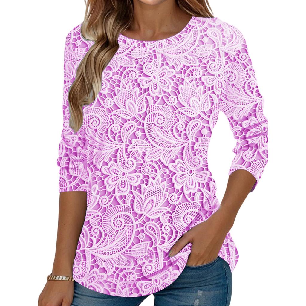 Women's  Fashionable Round Neck Long Sleeved Lace Patterned Printed Pullover T-shirt Top