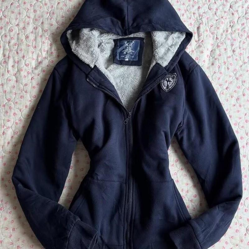 Womens Retro Navy Blue Fleece-Lined Hooded
