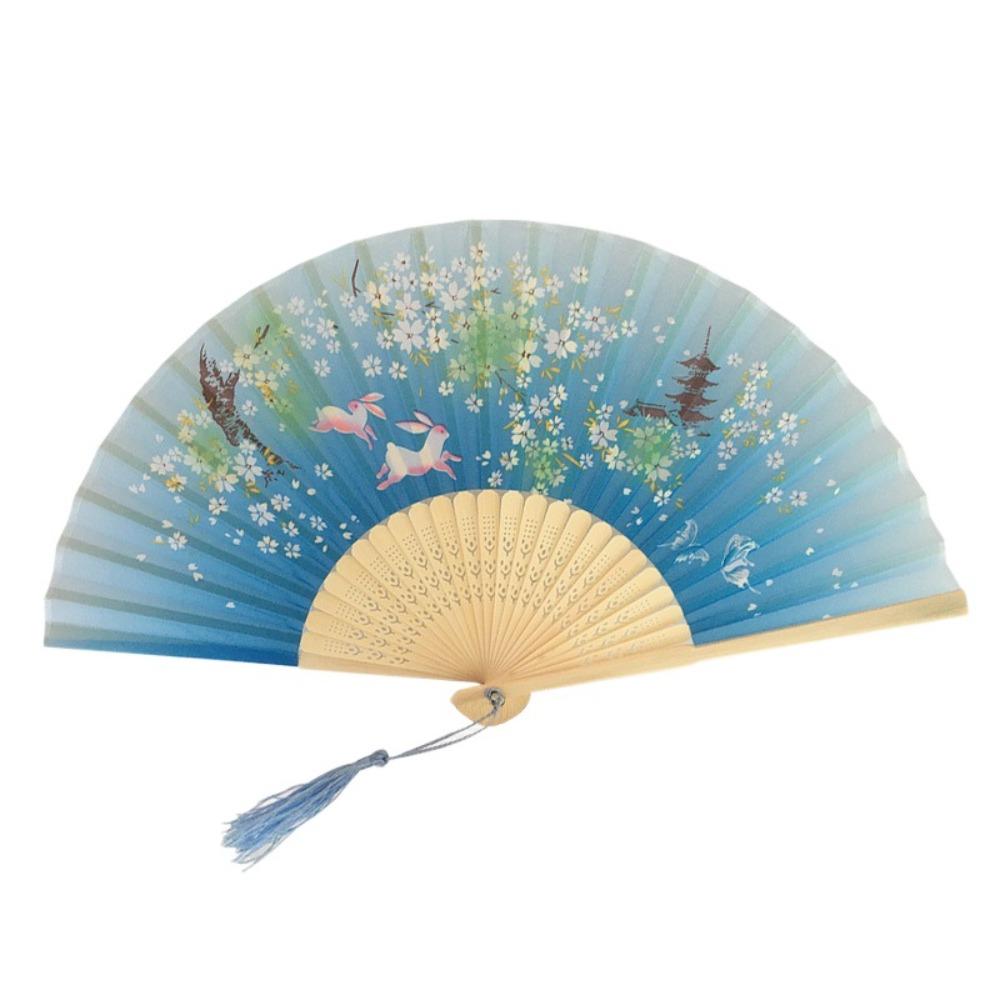 Flower Pattern Classical Folding Fan Tassel Cloth Art Chinese Style Fan Wooden handle Retro Classical Dancing Fan