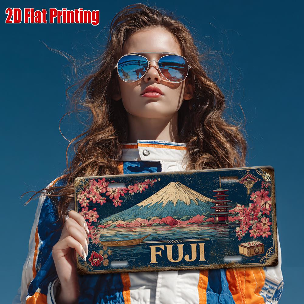 

HD Aluminum Metal Sign Mount Fuji Vintage License Plate Style Wall Decor Retro Japanese Cherry Blossom Pagoda Lake Landscape T 15x30cm(5.9x7.8inch)