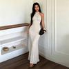 European and American Style New Neck Strap Long Dress, French Pleated Backless Polka Dot Printing Dress