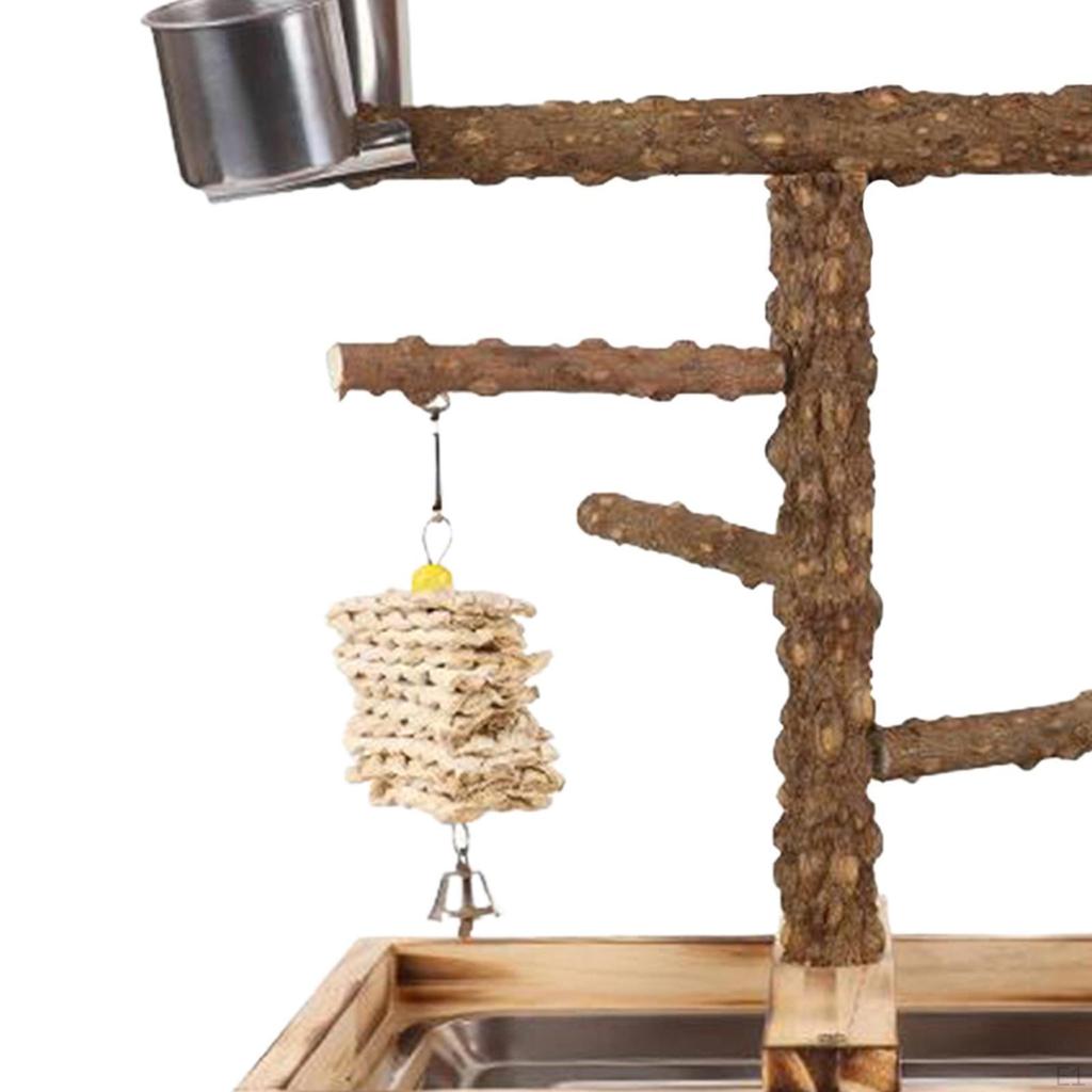 Houten Papegaai Zitstok Vogelkooi Accessoires Platform met Speeltjes Verwijderbare Lade en 2 Roestvrij Staal