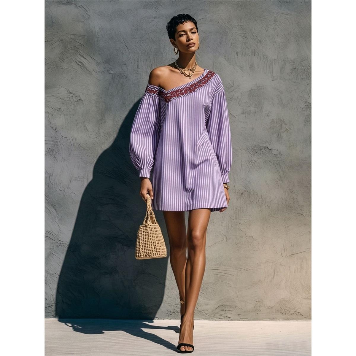 Damen One-Shoulder Gestreiftes Minikleid Laternen-Langarm Locker Lässig Kurzes Kleid Mit Tasche Boho Urlaubs-Kleid XXL violett