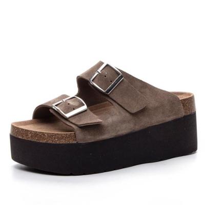 Moda Alta Qualidade 7cm Camurça de Vaca Verniz Verão Sandálias Femininas Chinelo Feminino Plataforma Salto Cuña Mujer Confortável Moda Fashon Sapatos Peep Toe