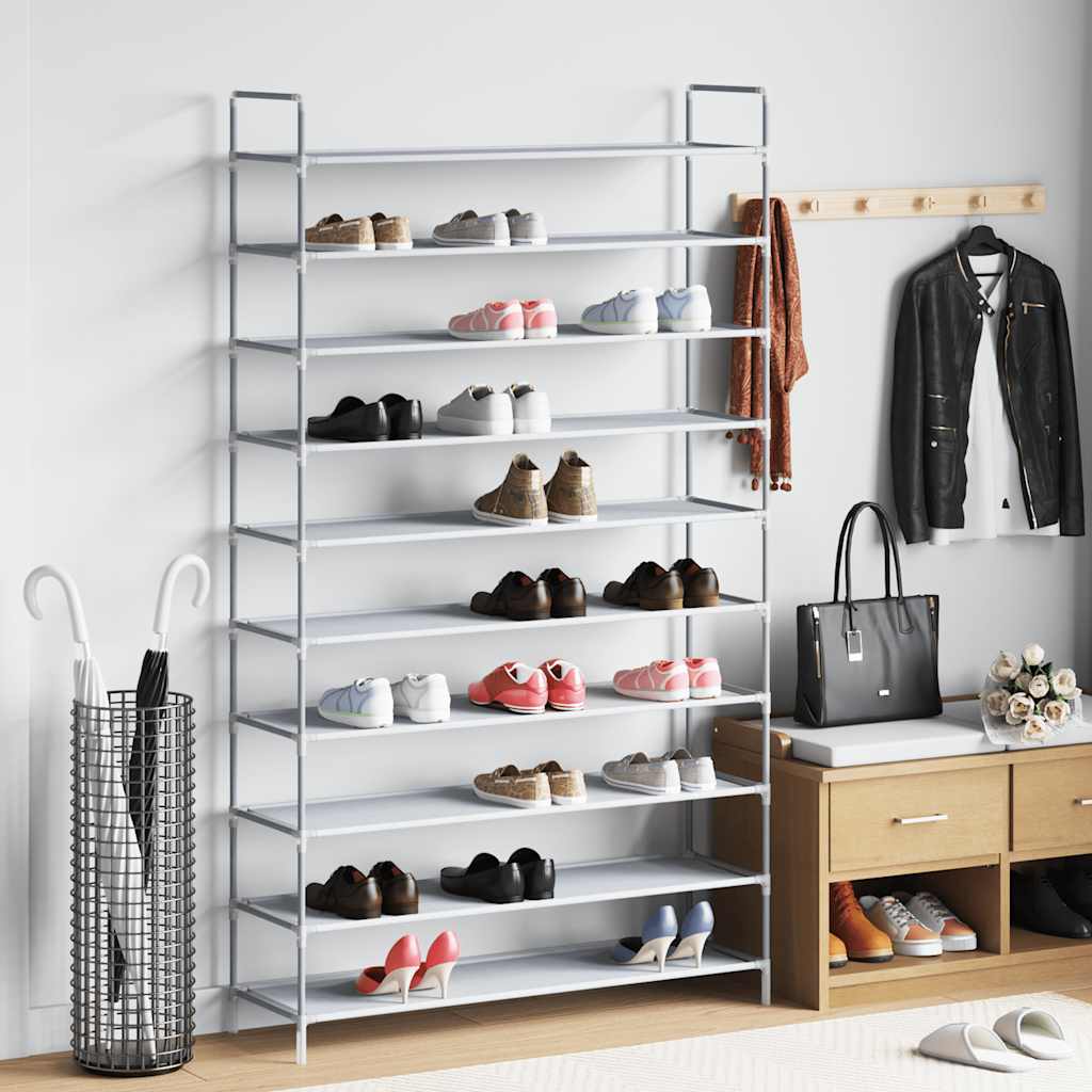 Shoe Rack with 10 Shelves Metal and Non Woven Fabric Silver