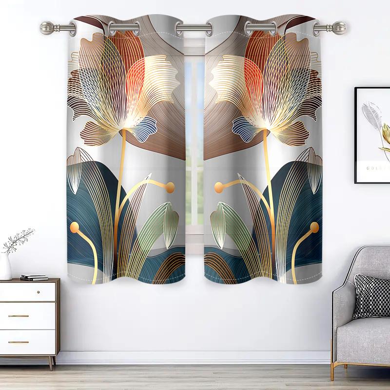 2 Pieces, Golden Line Abstract Floral Curtains - Semi Transparent - Suitable for Living Room, Bedroom and Home Decoration.