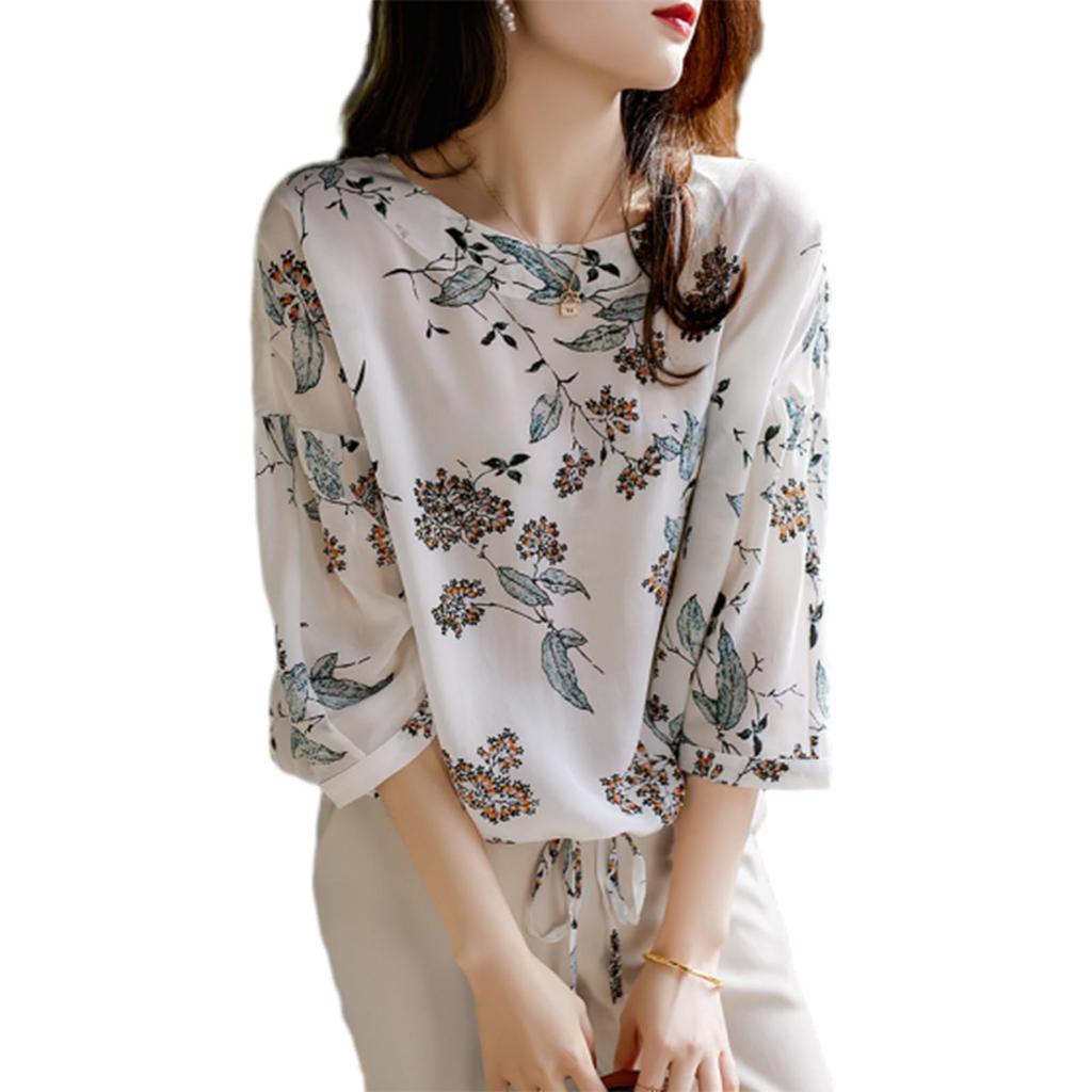 ORWZDCO Chiffon Round Floral Dolman Loose Autumn Women's Blouse, Neck, Print, 3/4 Sleeve, Breathable, Sleeve, Sweet, Simple, Fit, Slimming, Elegant,