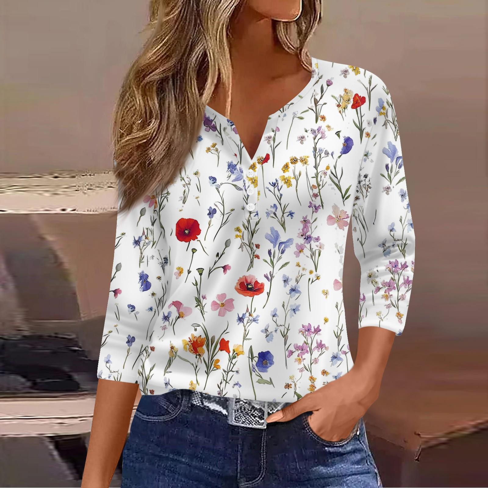 

Женский повседневный модный топ с V-образным вырезом, свободного кроя, универсальный, с цветочным принтом, рукав три четверти XL белый