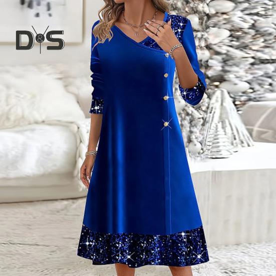 Fall Winter Women Dress Shiny Sequin Patchwork V Neck A Line Big Swing Long Sleeve Button Decor Solid Color Soft Warm Mid Calf Length Lady Midi Dress
