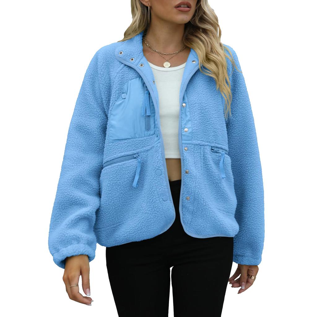 Damen Stehkragen Fleecejacke Knopfleiste Lässige Oberbekleidung Langarm Leichtes Sportliches Oberteil mit Tasche