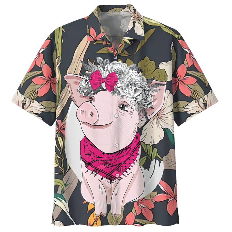 Cartoon Schwein Muster Hawaiihemd für Herren 3D Gedruckte Tiere Kurze Ärmel Sommer Revers Übergroße Hemden Street Button Blusen