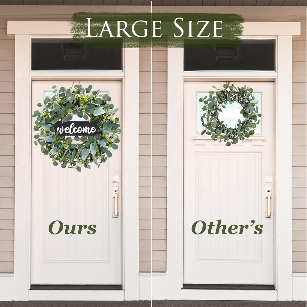 Dremisland Green Eucalyptus Wreath with Welcome Sign 22in Spring Summer Artificial Eucalyptus Wreath for Front Door Polytype Leaves Wreath for Wall