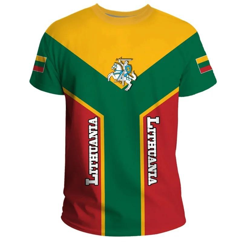 Lithuanian Flag and Emblem 3D Printed T-shirt Summer Round Neck Short Sleeve Sports Street Men's T-shirts