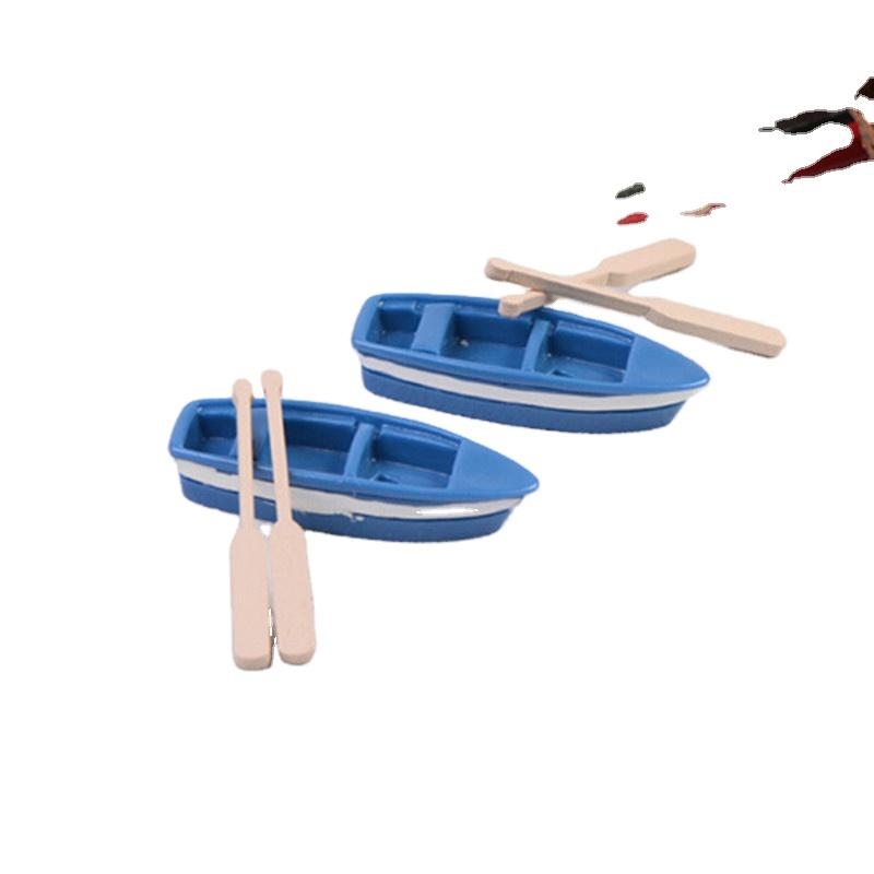 Blue Boat With Two Oars Doll House Resin Model Accessories Canoe Paddle Kids Doll Toy Fairy Garden Micro Landscape