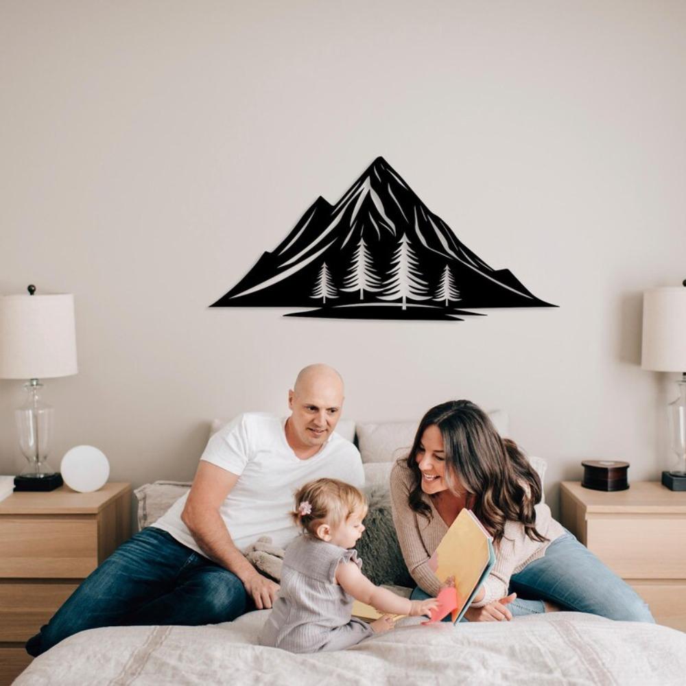 Laser Cut Metal Wall Art Mountain and Pine Tree Decor for Living Room Modern Black Steel Nature Landscape Artwork 22 Inch