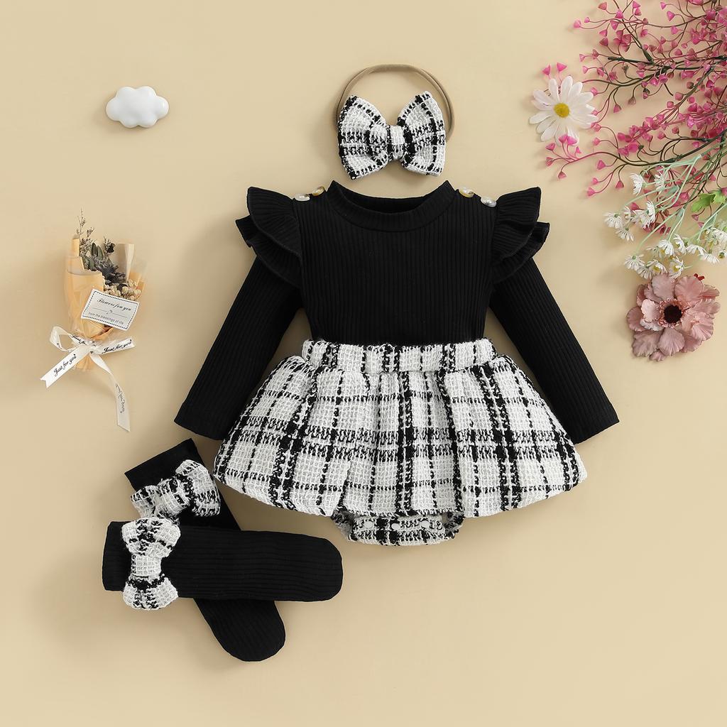 Citgeett Autumn Infant Baby Girl Fall Outfits Long Sleeve Plaid Print Skirt Bodysuit Headband Socks Set Clothes