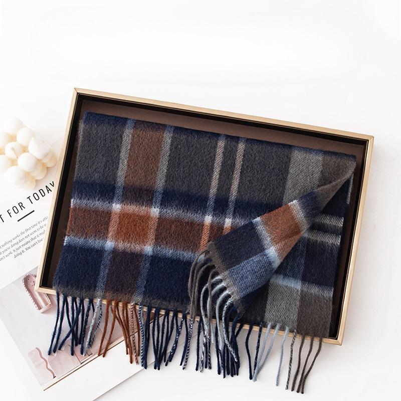 Light Luxury and High End Blue Coffee Plaid Pure Cashmere Scarf Versatile New Autumn and Winter Blue Scarf for Men and Women