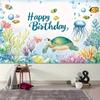 2D Watercolor Ocean Birthday Backdrop, Underwater Sea Turtle Kids Party Photo Booth Banner