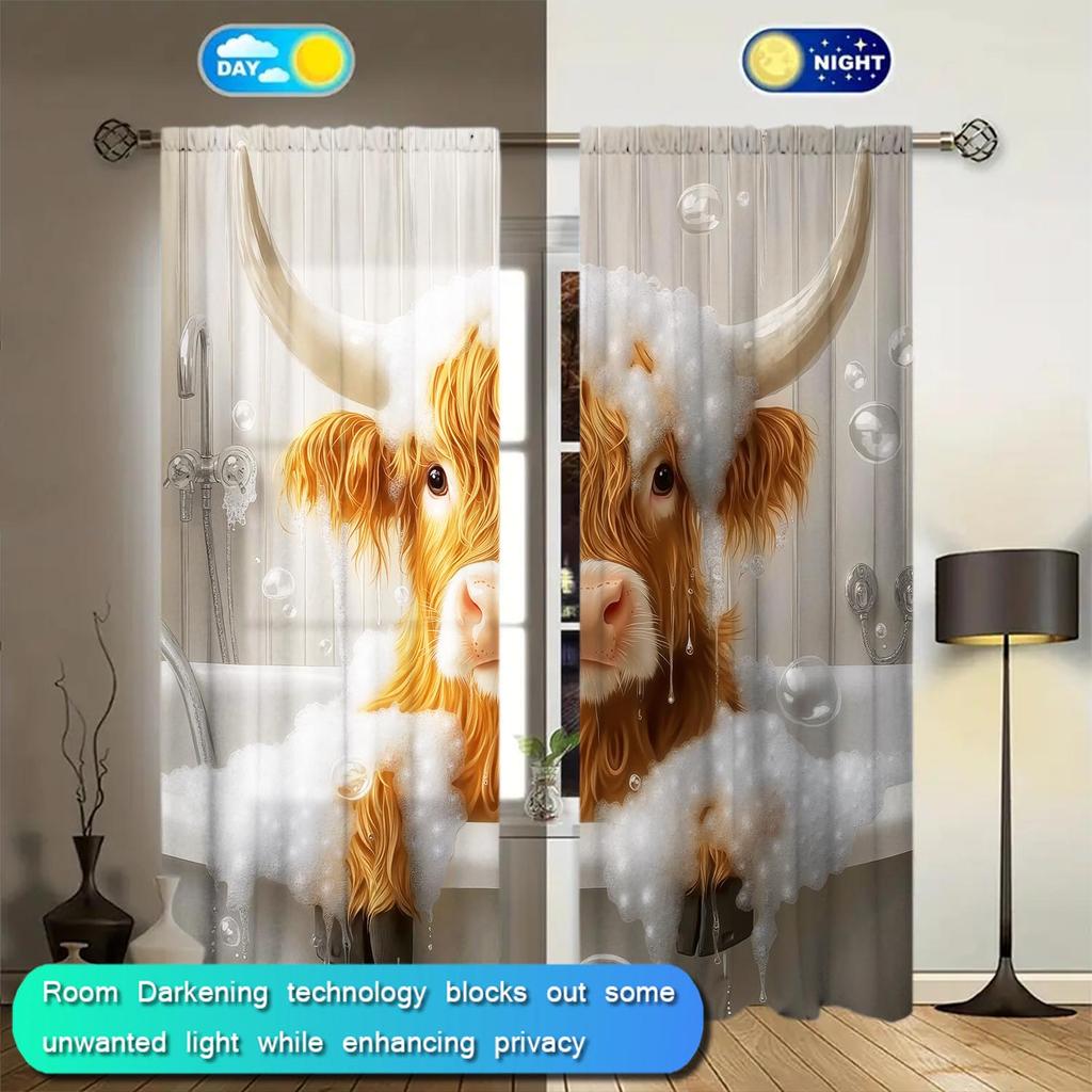 2pcs Cow That Loves To Take A Shower Printed Curtains   Shade and Privacy Protection   Suitable for Decorating Various Rooms