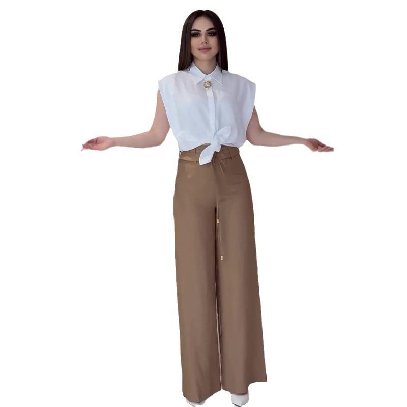 2024 Summer Women's Casual Slim Shirt & Wide-Leg Pants Set