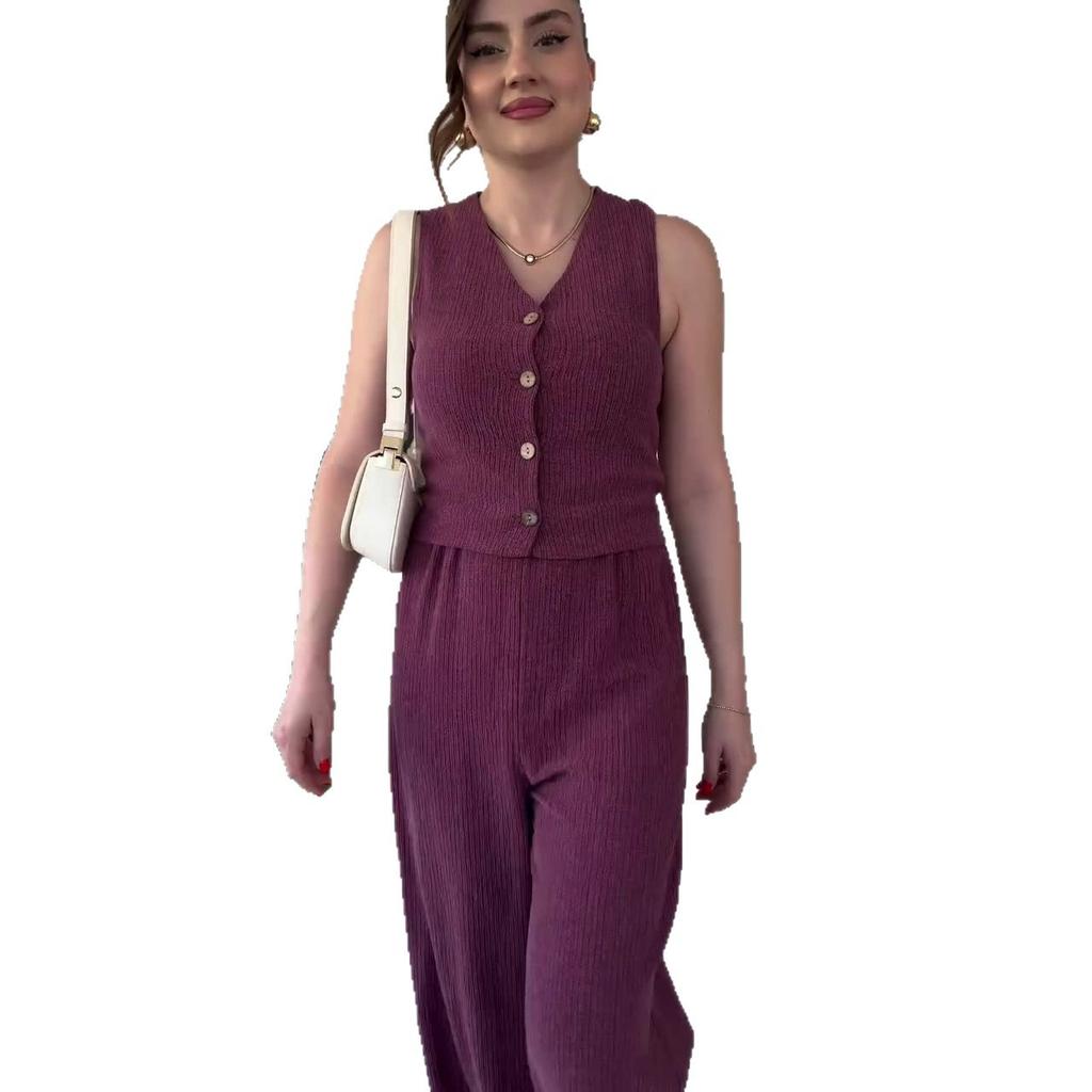 2025 summer European and American women's clothing cross-border comfortable casual versatile commuter sleeveless button top pants two-piece set