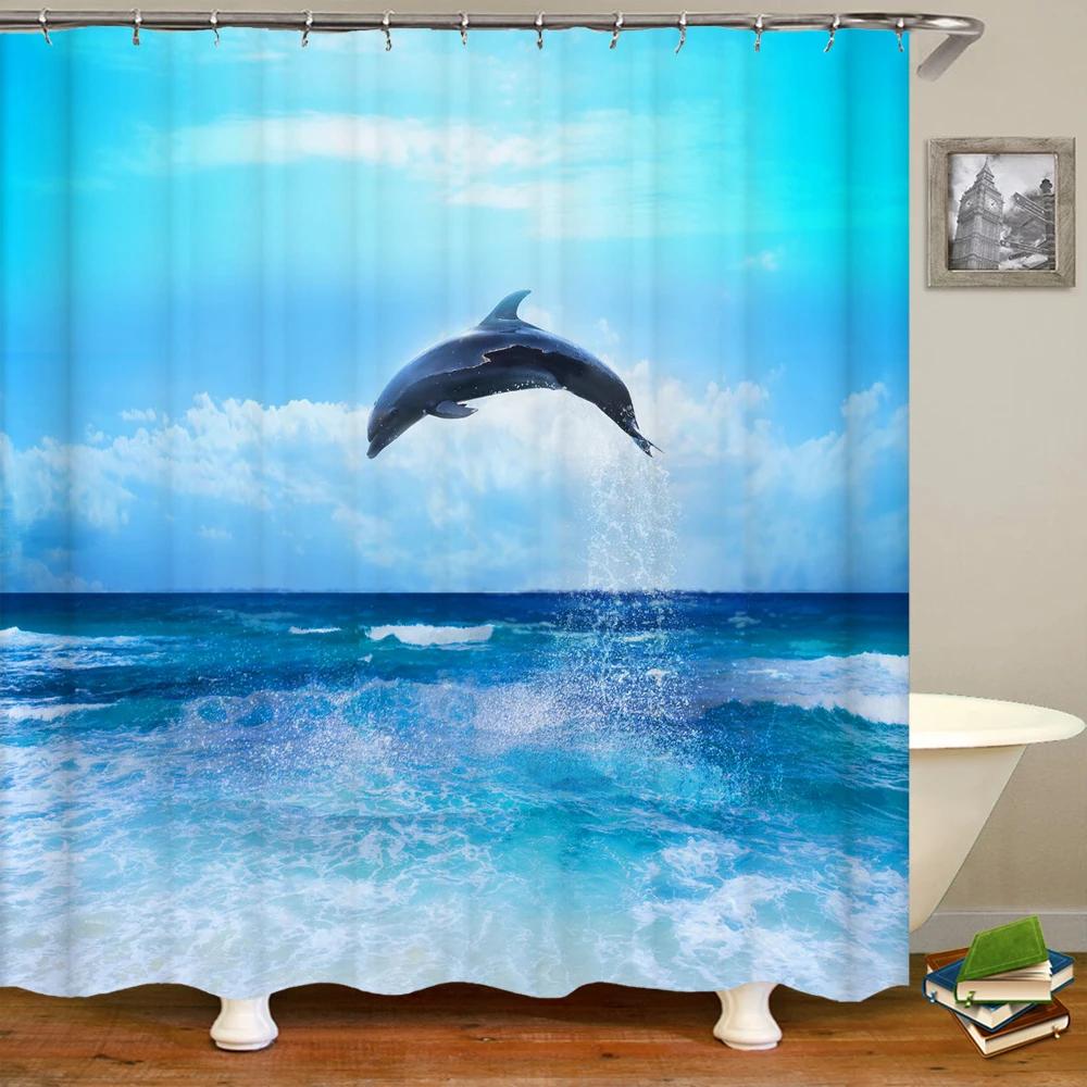 3D Printing Ocean Dolphin Bathroom Shower Curtain Sea Landscape Home Decoration Waterproof polyester Curtain with Hook Curtain W90xH180cm