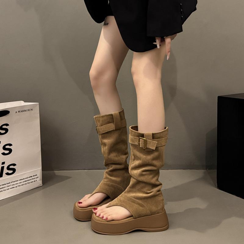 Boots women's summer 2025 high-end toe cool boots women's open-toe stacking boots thick-soled heightening western cowboy short boots